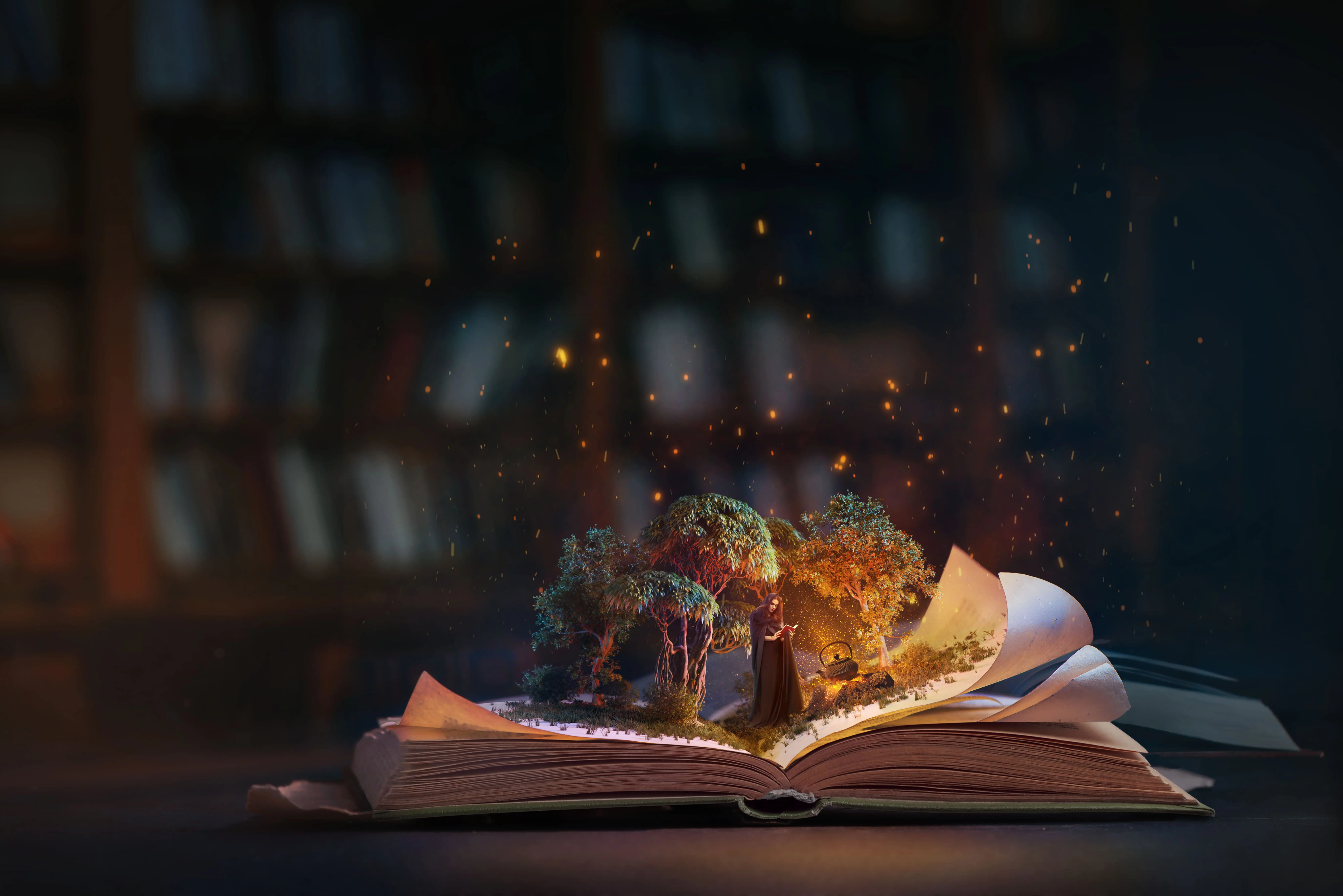 C'est l'en-tête de l'article Top 5 fantastiques. Il y a un livre ouvert qui a une aura magique et sur le livre en intelligence articielle a été ajouté un paysage fantastique avec une sorcière.