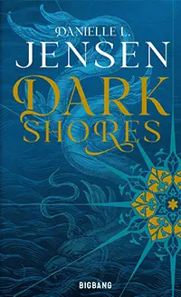 C'est la couverture de "Dark Shores" écrit par Danielle L. Jensen. On voit une rose des sables bleue et dorée au premier plan. Sur le fond de la couverture on voit les profondeurs de la mer avec une immense créature marine.