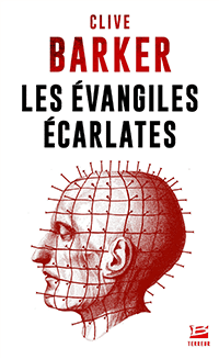 C'est la couverture de "Les évangiles écarlates" écrit par Clive Barker. On voit la tête d'un personnage quadrillée de clous. Il est complètement chauve. Le sessin est en gris, rouge et blanc.