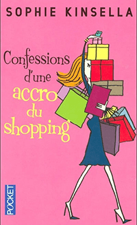 C'est la couverture de "Confessions d'une accro au shopping" écrit par Sophie Kinsella. On y voit une silhouette féminine en talons aiguille qui portent plein de sacs d'achat de magasin. Elle en a par dessus la tête